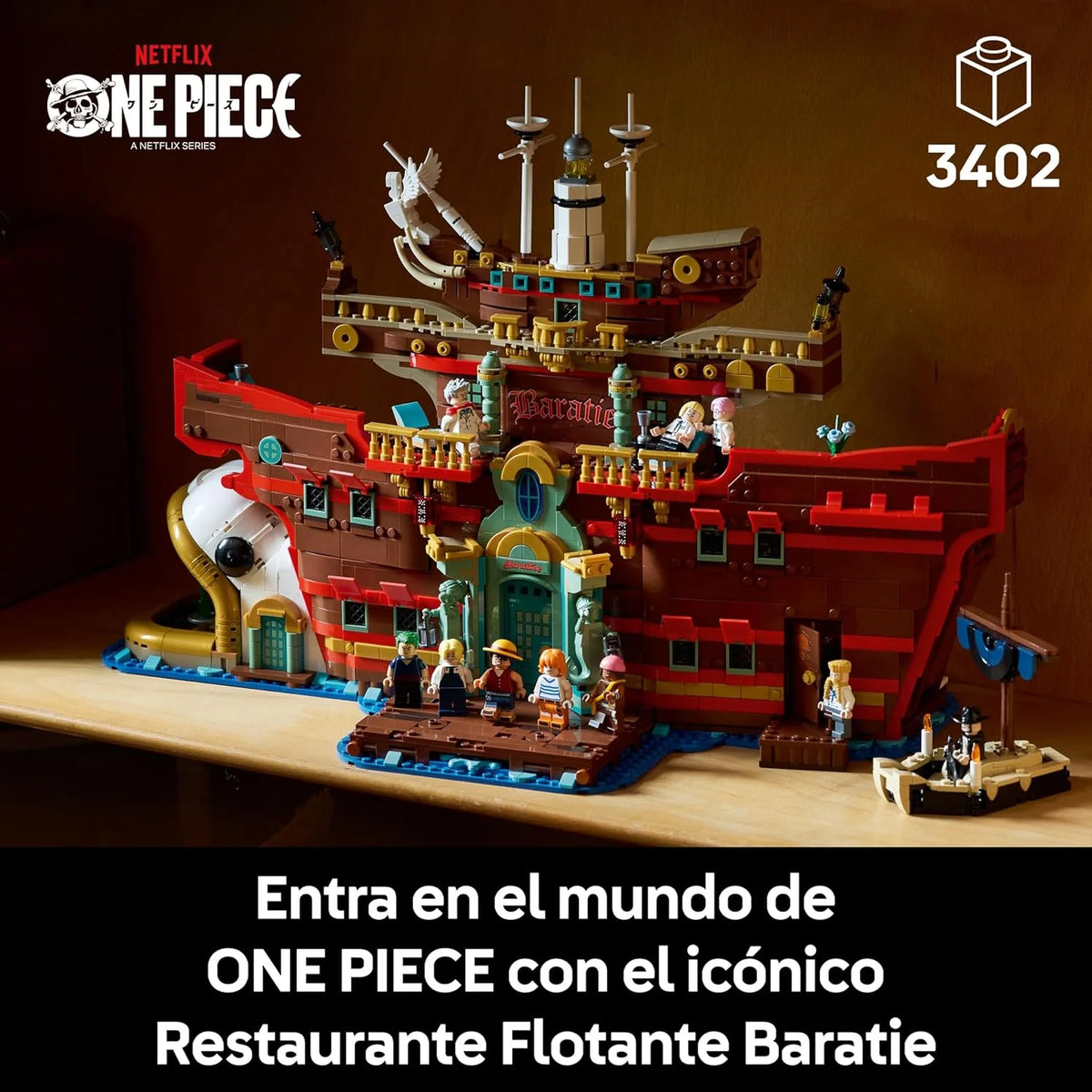 One Piece Restaurante Flotante Baratie - Model Statku dla Dorosłych - Dekoracja Anime ze Szczegółowym Wnętrzem i 10 Minifigurkami W Tym Luffy, Nami i Sanji - Prezent dla Fanów 75640