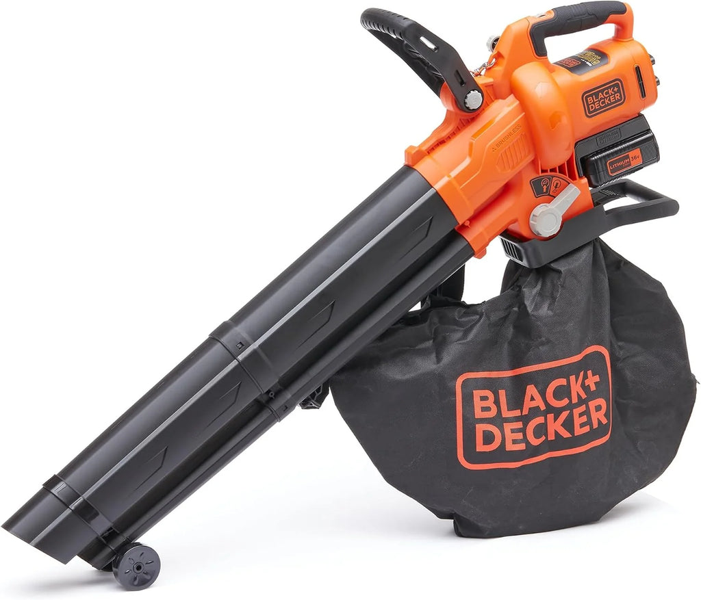 BLACK+DECKER Dmuchawa, odkurzacz i rozdrabniacz do liści 36 V, akumulatorowa, z workiem na liście 45 L i akumulatorem litowym 2,5 Ah, BCBLV3625L1-QW