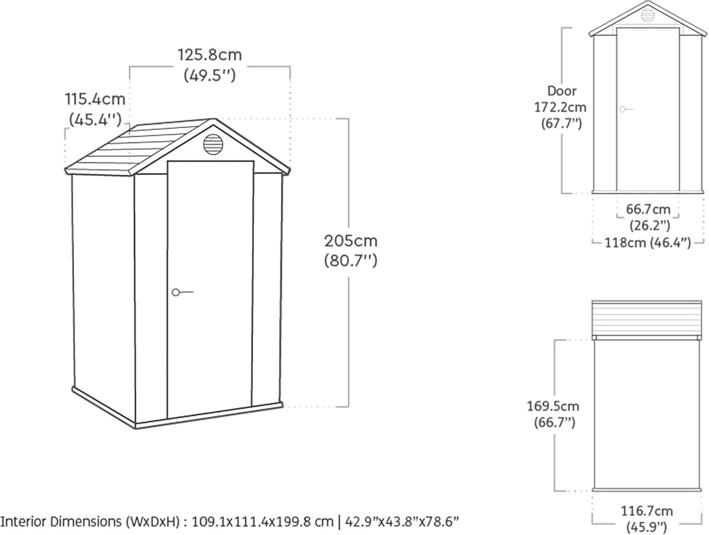 KETER Darwin 4x4 Domek narzędziowy, 125.8 x 117 x 205 cm i 1.4 m2, Podłoga, System wentylacji, Drzwi i okno, Wodoodporny, Kolor szary