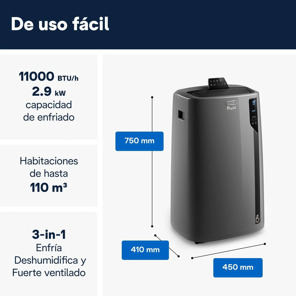 Pingüino PACEL112 Silent, cichy przenośny klimatyzator z technologią Eco Real Feel i Cool Surround, funkcja osuszania, 2.9 kW, 63 dB, plastik, czarny, klasa A, do 110m3