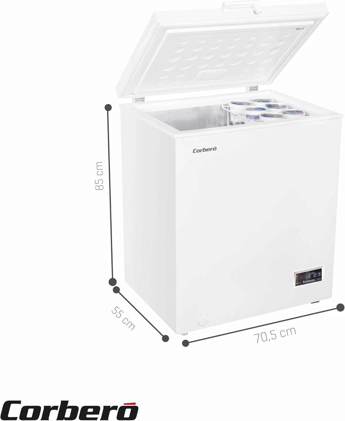 Corbero - Zamrażarka skrzyniowa 142L | CCHH15024E | Elektroniczne sterowanie z wyświetlaczem | Oświetlenie LED | Uchwyt | 1 kosz wewnętrzny | 2 kółka | 2 regulowane nóżki | 40 dB | Klasa energetyczna E | Biała