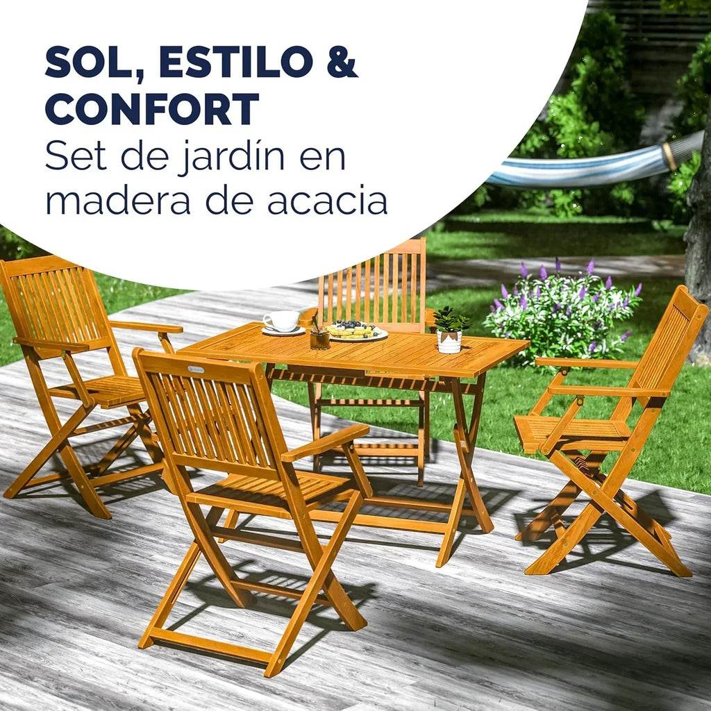 CASARIA® FSC® Zestaw Ogrodowy Stół 4 Krzesła Drewno Akacjowe Jadalnia Patio Taras Balkon Zestaw 5-częściowy Składany Stół Siedziska Podłokietniki Trwały Odporny na Warunki Atmosferyczne 120 x 70 cm
