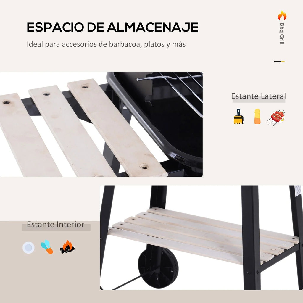 Grill Węglowy BBQ Z Kółkami I Półką Outsunny 83x37x87cm Czarny