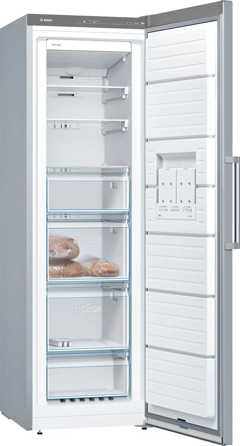 Bosch - Zamrażarka pionowa NoFrost, Seria 4, wys. 186 x szer. 60 cm, 242 L, szuflady BigBox na duże produkty, system MultiAirflow, stal szlachetna, GSN29VIEP