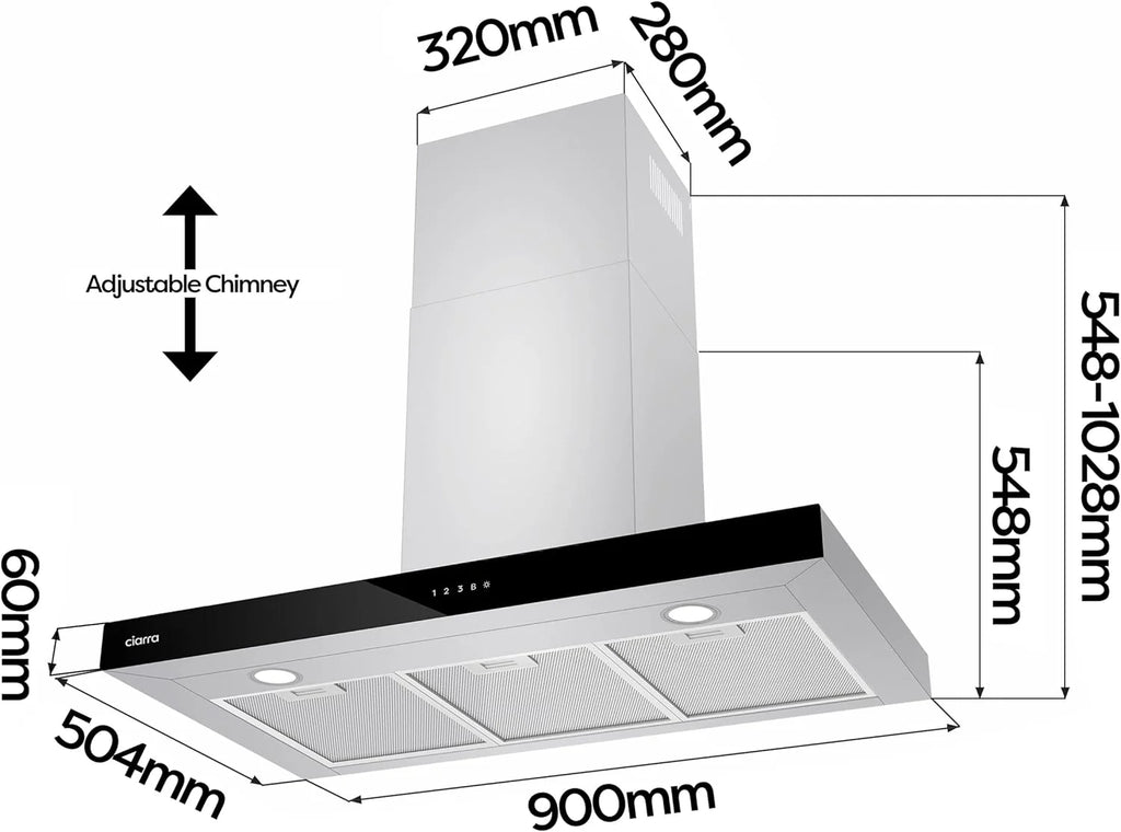 CIARRA CBCS9102 Okap Kuchenny 90 cm Klasa A+++ 650 m³/h Sterowanie WIFI Dotykowe 4 Prędkości Wyrzut Zewnętrzny i Recyrkulacja Wewnętrzna przez Filtr Węglowy CBCF003