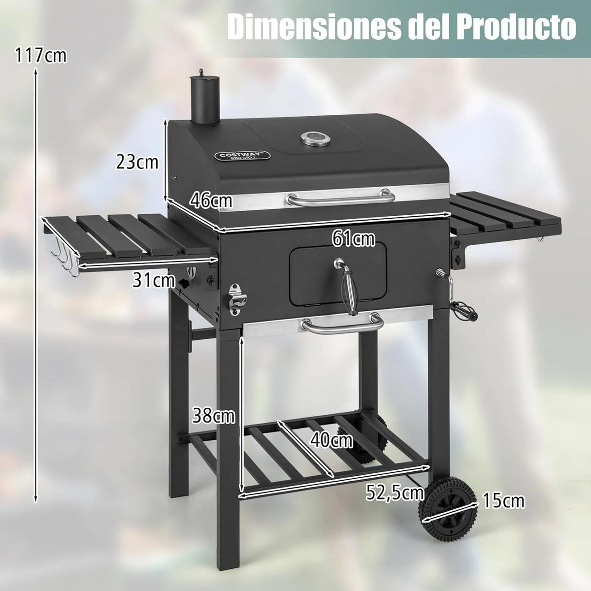 COSTWAY Grill Węglowy XXL, Przenośny Grill Ogrodowy 128 x 54 x 117 cm, z Pokrywą, Termometrem, 2 Składanymi Stolikami Bocznymi, 8 Haczykami, 2 Kółkami i Otwieraczem do Butelek