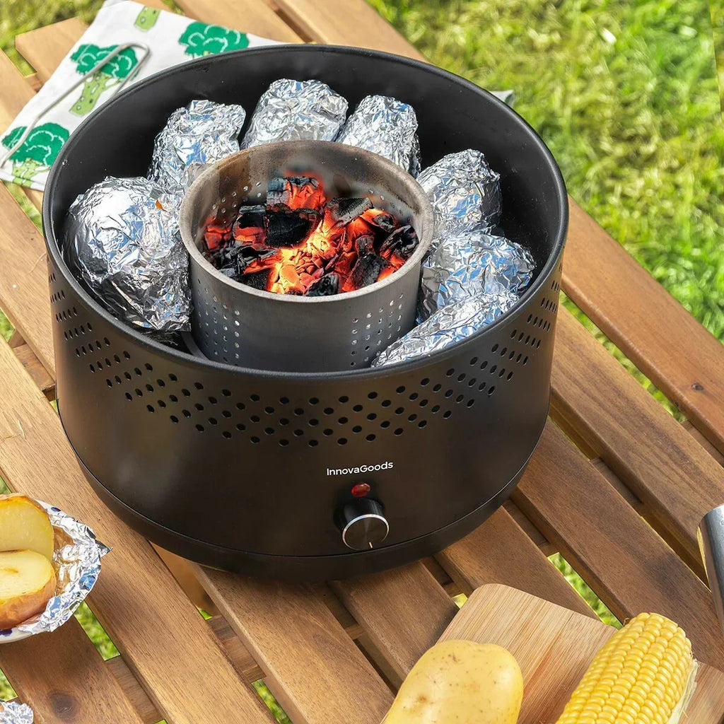 InnovaGoods Przenośny Grill Węglowy Bezdymny Żeliwny Ø28,5 x 18 cm, Ø28,5 x 18 cm Czarny