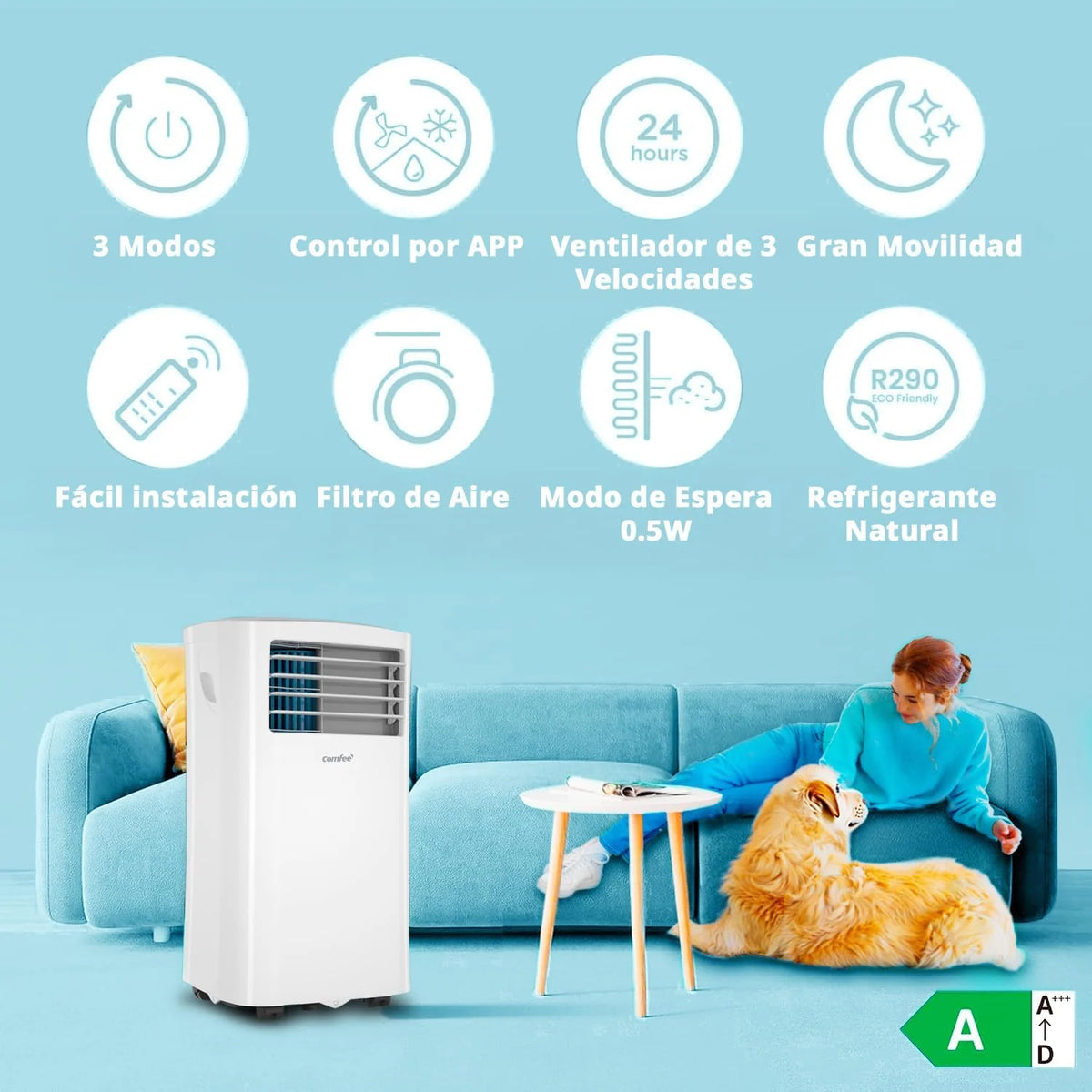 COMFEE Pingüino Przenośny Klimatyzator 8000 BTU / 2000 Frigorii – Klimatyzator bez jednostki zewnętrznej – Cicha Chłodziarka Niskie Zużycie Energii z Zestawem Okiennym | 3w1 Chłodzi, Wentyluje i Osusza
