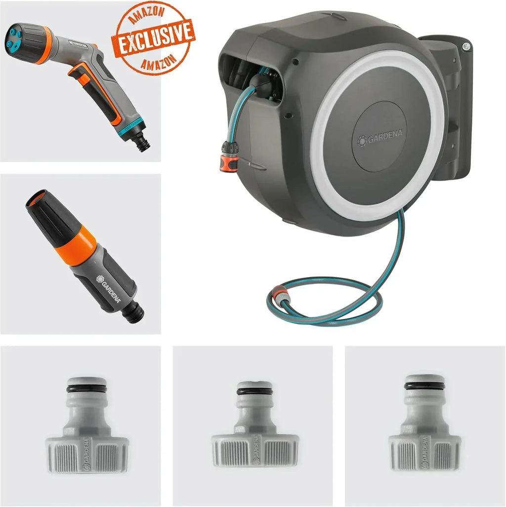 Gardena RollUp L bębnowy wąż naścienny (biały) 30 m z 1 pistoletem zraszającym Comfort, ze zintegrowaną prowadnicą węża, zawiera 30 m wysokiej jakości węża i uchwyt ścienny (18627-38)