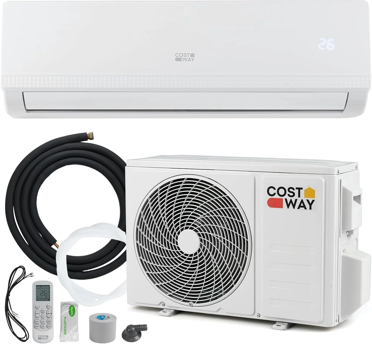 COSTWAY Klimatyzator Split, 2,6 kW, Klimatyzator z Funkcją Grzania z Pompą Ciepła, Czynnik Chłodniczy: R32, Ogrzewanie i Chłodzenie z Zestawem Instalacyjnym do Pomieszczeń do 70m³ (9000BTU)