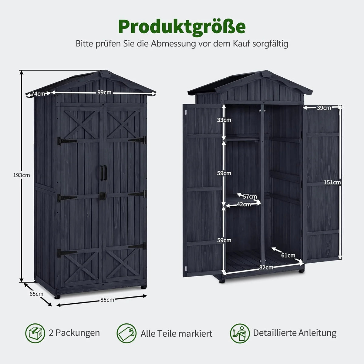 M MCombo Szafka ogrodowa, odporna na warunki atmosferyczne, drewniana, wodoodporna szafa zewnętrzna z podłogą, do użytku na zewnątrz, na balkon, 74 × 99 × 193 cm (antracytowa)