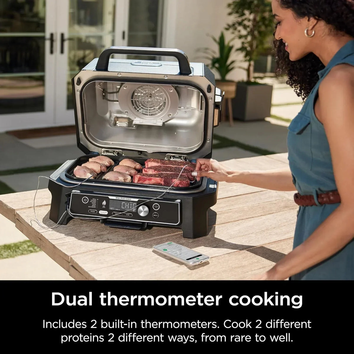 Ninja Woodfire Pro XL 4 w 1, grill i wędzarnia ogrodowa, termometr, główny grill 4 w 1, grill wędzarniczy, zewnętrzna frytkownica powietrzna, piekarnik, przenośny, grill elektryczny, ciemnoszary, model OG850