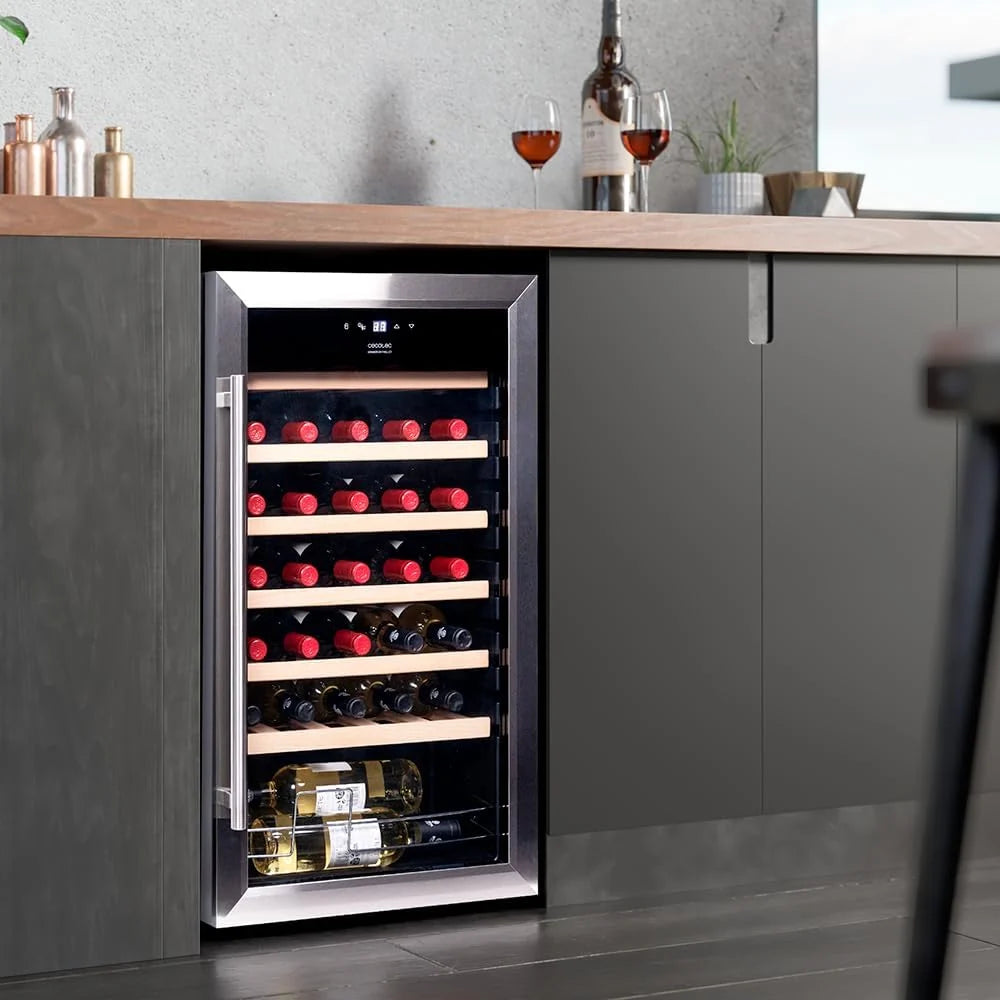 Cecotec Chłodziarka do wina 34 butelki Bolero Grandsommelier 34030 inox compressor, 80 L, Chłodzenie kompresorowe, Regulacja temperatury od 5 do 18ºC, Sterowanie dotykowe, Wyświetlacz, Oświetlenie LED wewnętrzne.