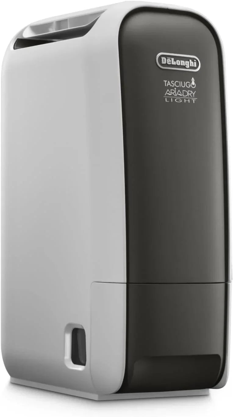 De'Longhi Tasciugo AriaDry Light – Przenośny osuszacz powietrza z technologią Zeolite i jonizatorem, usuwa do 6 l/dzień, do suszenia ubrań, zapobiega pleśni, cichy, funkcja Swing i Timer, szary (DNS65)