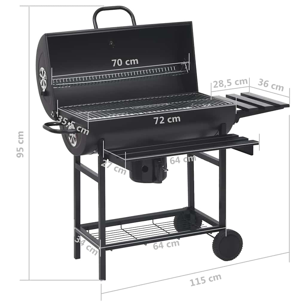 2026 Grill na kółkach z półkami, czarny, stal, 115 x 85 x 95 cm, grill ogrodowy