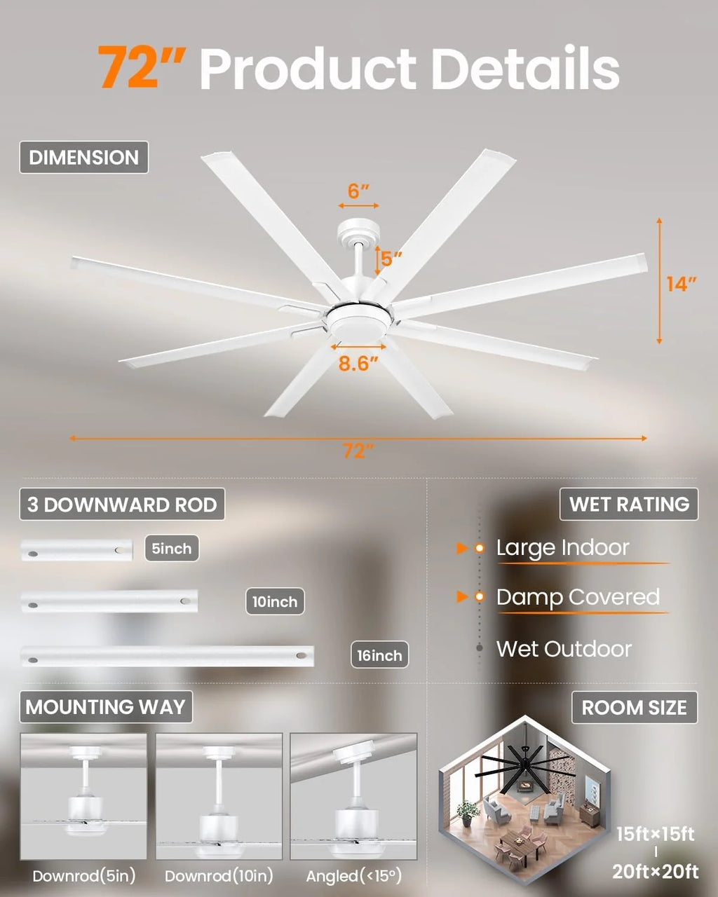 Wentylator sufitowy z oświetleniem i pilotem 183 cm Extra Duży, 8 Aluminiowych Łopatek, Cicha Lampa Sufitowa z Odwracalnym Silnikiem DC do Użytku Zewnętrznego na Tarasie, do Dużego Pomieszczenia