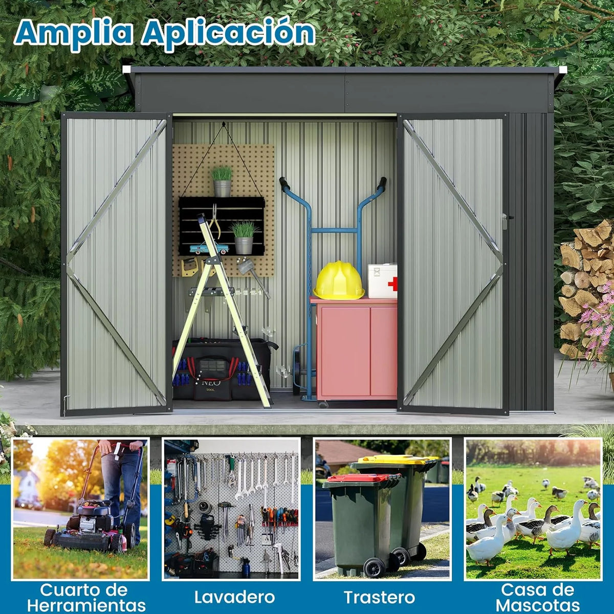 COSTWAY Szopa Ogrodowa Zewnętrzna, 235 x 117 x 185 cm, Schowek Ogrodowy Zewnętrzny z 2 Drzwiami, Pochyłym Dachem, Domek Organizator z Galwanizowanego Metalu, Organizator Narzędzi do Ogrodu na Patio
