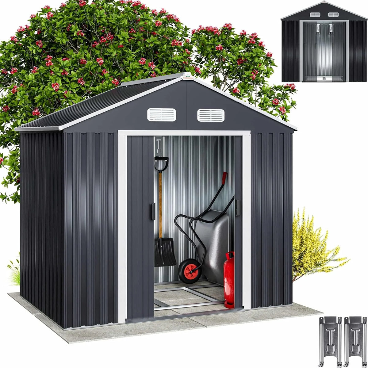 GARDEBRUK® Szopa Ogrodowa 2 m² 196x132x188cm Metalowa Szopa Zewnętrzna 4m³ z Podstawą Drzwi Przesuwne Antracyt