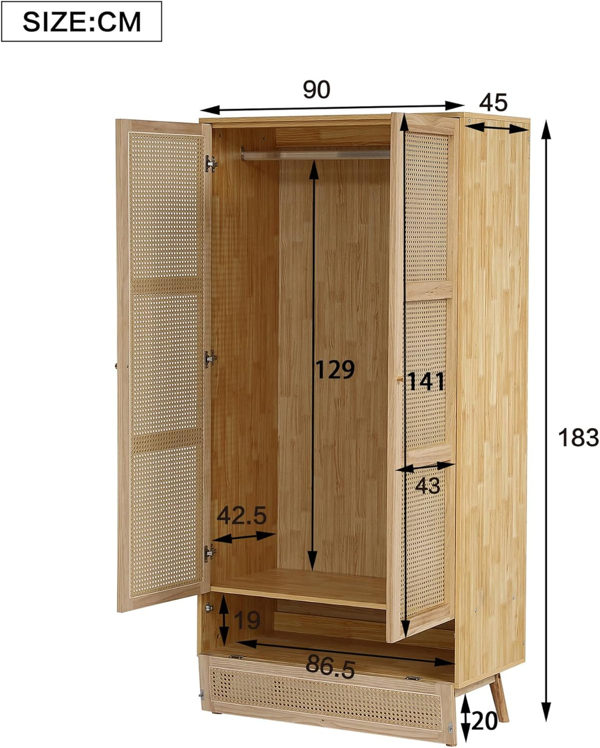 Szafa Soweiz z drążkiem, 2-drzwiowa, do sypialni, z siatką rattanową, do salonu, z dolną klapą, płyta wiórowa + rattan PE, naturalna