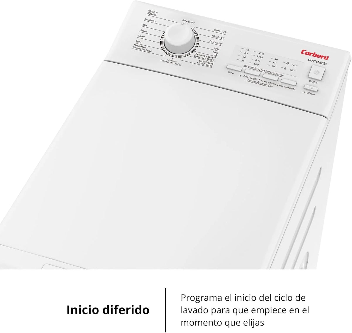 Corberó - Pralka Ładowana Od Góry 6.5kg| CLACSM6524 | 1200 obr/min | 16 Programów, Funkcja Pary, ECO, Czyszczenie bębna| Opóźniony start| Szybkie pranie | Łatwe prasowanie | Wskaźniki LED | Biała