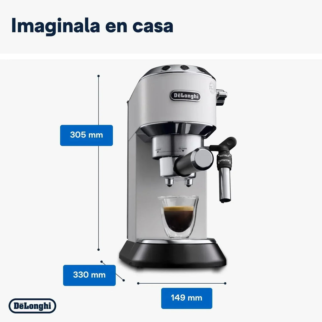De'Longhi Dedica – Ekspres Kolbowy do Kawy Mielonej lub w Saszetkach, Espresso i Cappuccino, Zbiornik 1.3 Litra, System Anti-Drip, Model EC685.M, Kolor Metaliczny