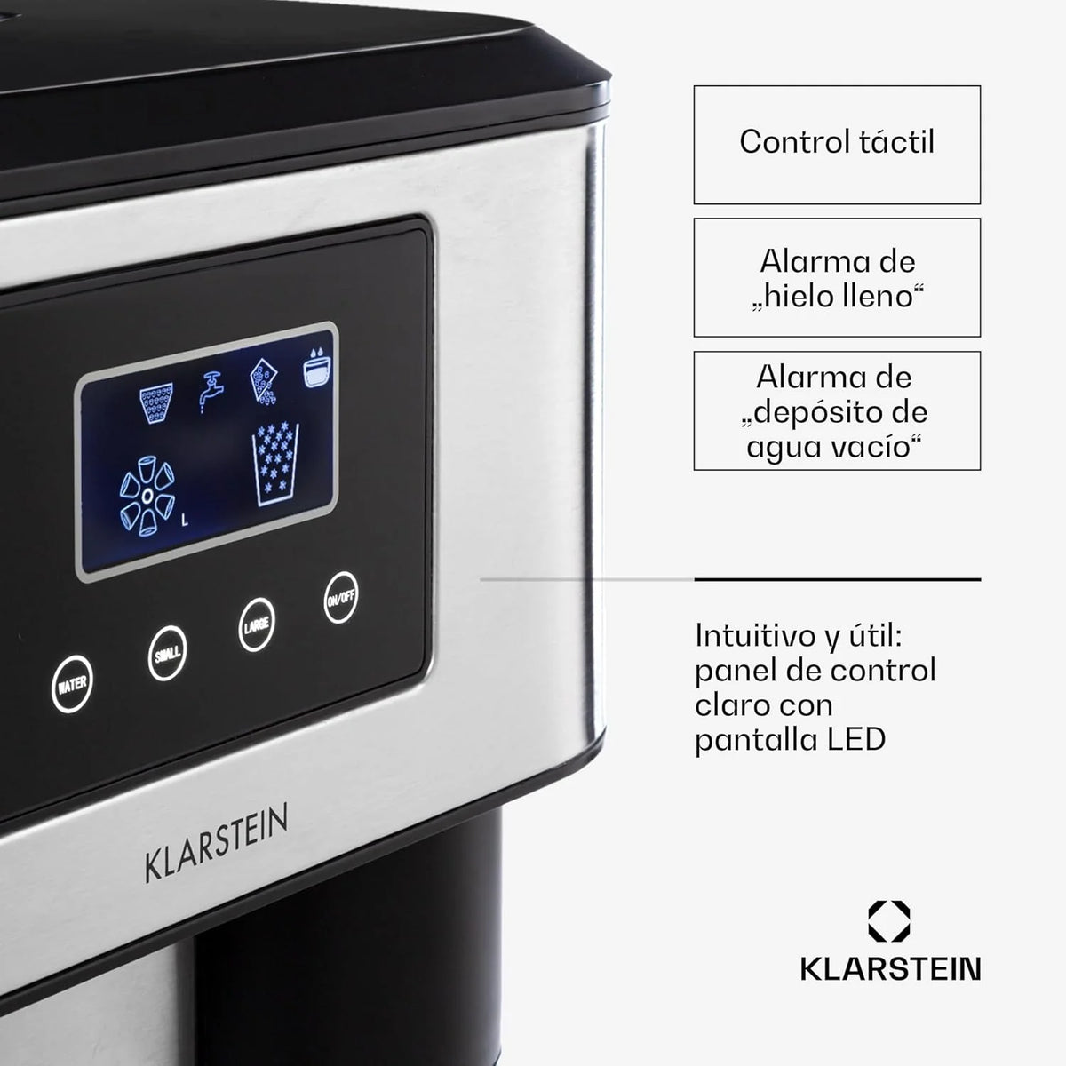 Klarstein Maquina de Hielo Doméstica, 1,8L, Szary, Kostkarka do Lodu 15 kg, do Robienia Kostek Lodu i Kruszonego Lodu w Domu, z Panelem Dotykowym i Systemem Łatwego Czyszczenia, Funkcja Szybka