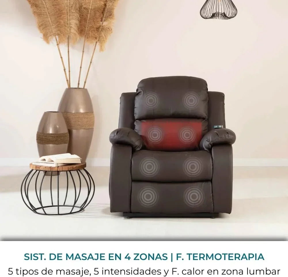 Don Descanso - Fotel Masujący Rozkładany Trevi Czarny z Funkcją Grzania, z Odchyleniem 160°, 8 Cichymi Silnikami, Grzaniem Lędźwiowym, 4 Strefami Masażu i Wykończeniem z Poliuretanu Odpornego na Pękanie [w Zestawie Pilot]. Idealny dla Osób Starszych