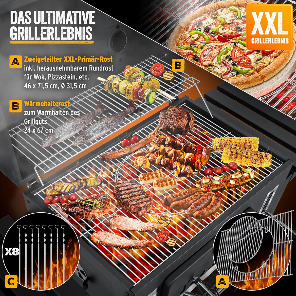 KESSER® Grill węglowy z wózkiem, grillem z pokrywką, kółkami, uchwytem ze stali nierdzewnej | Duży grill węglowy z termometrem BBQ, na kemping, taras, do ogrodu XXL Szary