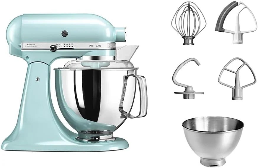 KitchenAid Mikser planetarny — Artisan — Robot kuchenny z uchylną głowicą — Mikser z 5 akcesoriami — Mikser cukierniczy z 2 misami ze stali nierdzewnej — 4,8 L i 3 L — Błękitny lód