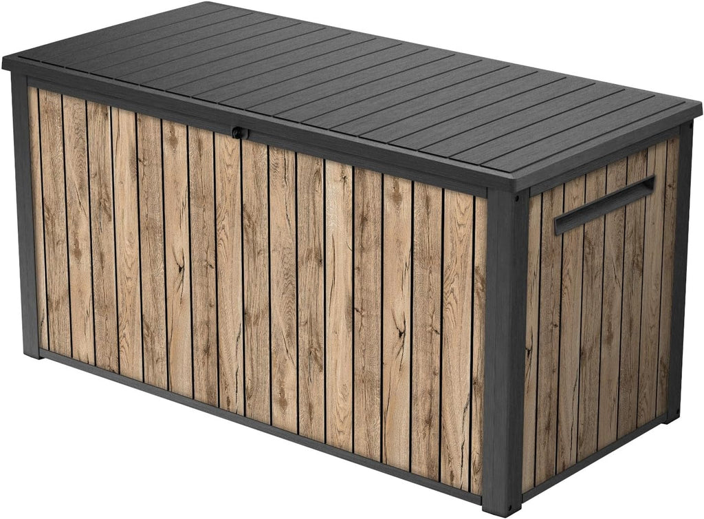Keter Skrzynia ogrodowa Sierra 643L, 144 x 67 x 73 cm, tworzywo sztuczne imitujące drewno (sosna), pokrywa z siłownikami gazowymi, zamykana