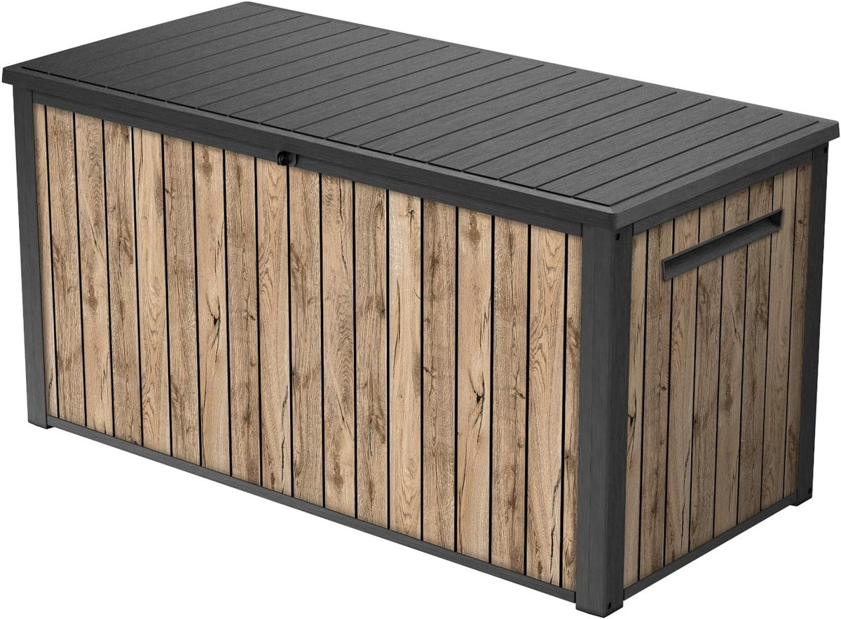 Keter Skrzynia ogrodowa Sierra 643L, 144 x 67 x 73 cm, tworzywo sztuczne imitujące drewno (sosna), pokrywa z siłownikami gazowymi, zamykana