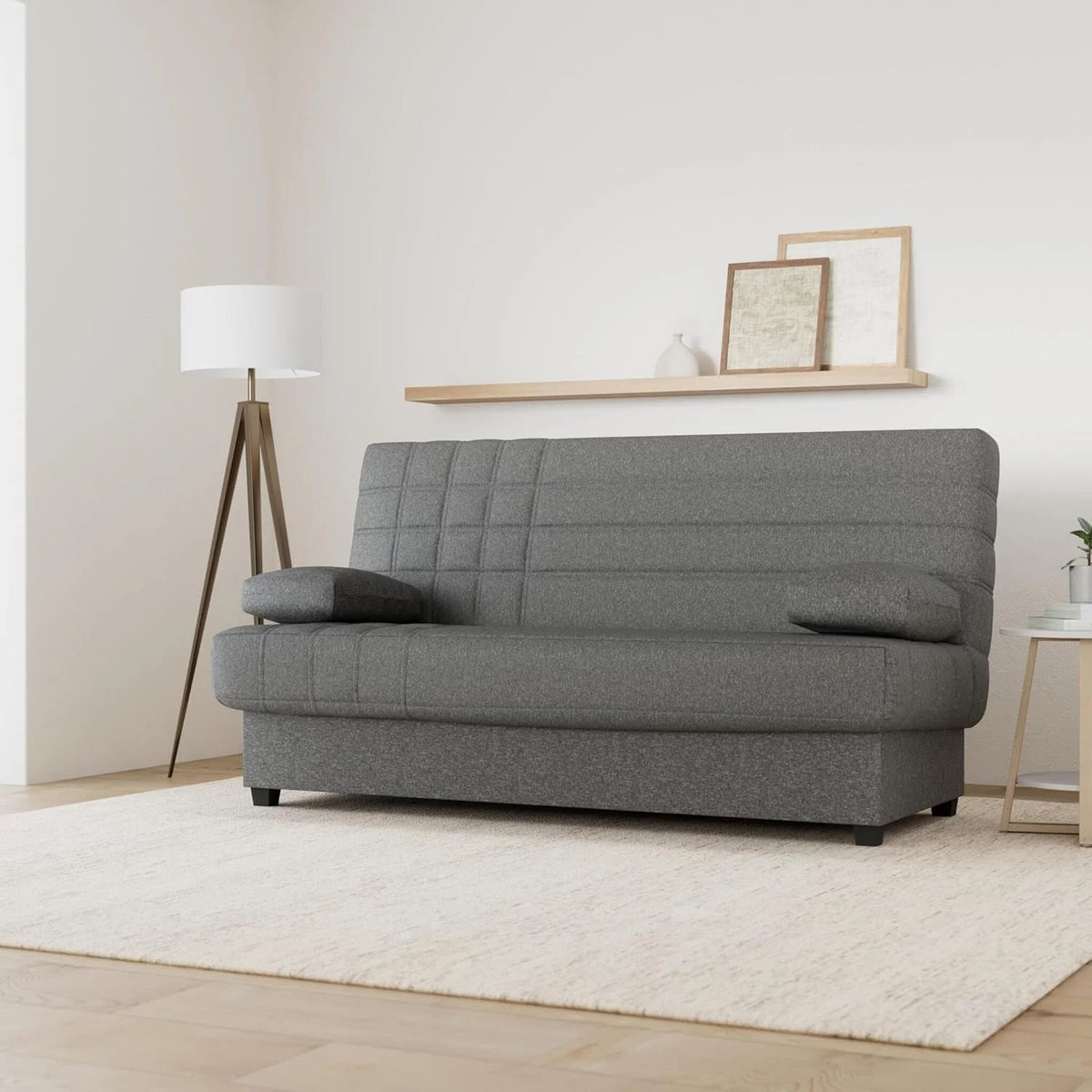 SHIITO - Sofa rozkładana 3-osobowa z pojemnikiem na pościel - 100 x 193 x 100 cm - Model Romeo - z mechanizmem klik-klak - W zestawie 2 poduszki - Kolor ciemnoszary