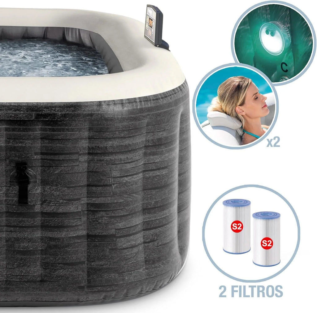 Nadmuchiwane kwadratowe spa Intex Greystone Deluxe dla 4 osób, 175x175x71 cm, grzałka 2200 W, bąbelki ciepłego powietrza, generator chloru, filtr S2 (1741 l/h), akcesoria w zestawie (55093)