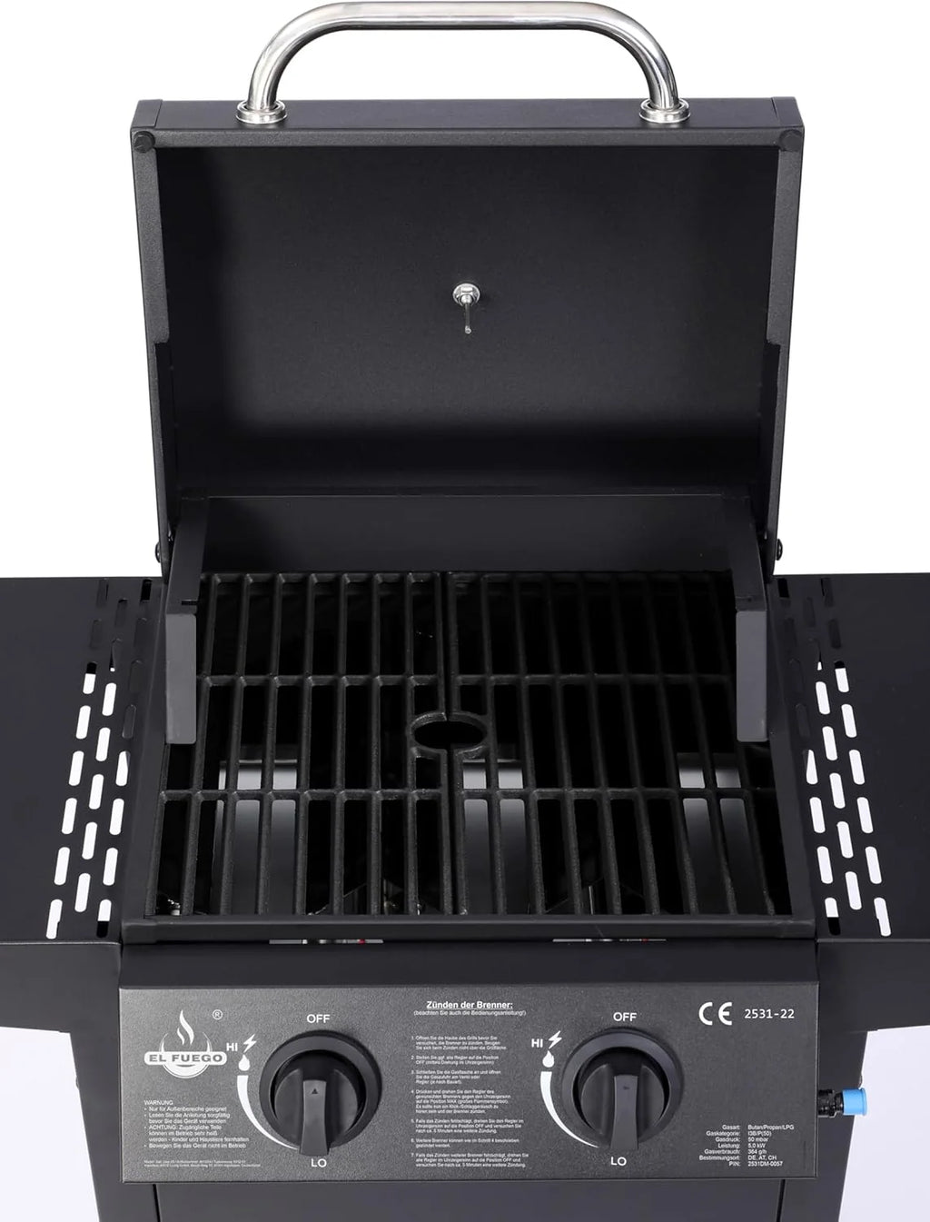 Grill gazowy El Fuego® „San Jose 2 palniki” z wężem gazowym i reduktorem ciśnienia, ruszt żeliwny, z termometrem i dużymi półkami bocznymi, grill BBQ | AY0204