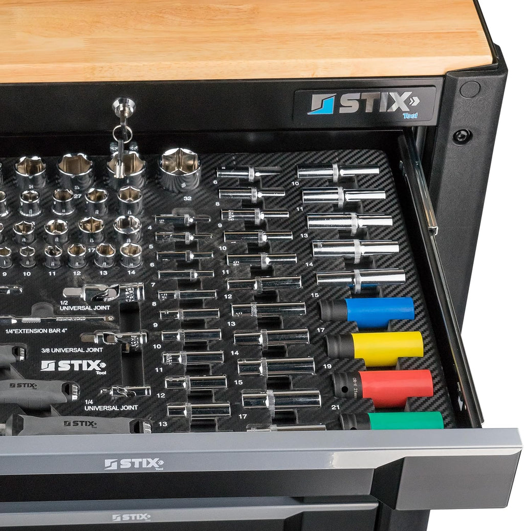 Stix UltimatePro C7/TS1 - Wózek narzędziowy z 267 elementami Cr-V - Zestaw narzędzi, wózek narzędziowy na kółkach, szuflady z łożyskami kulkowymi, blat drewniany