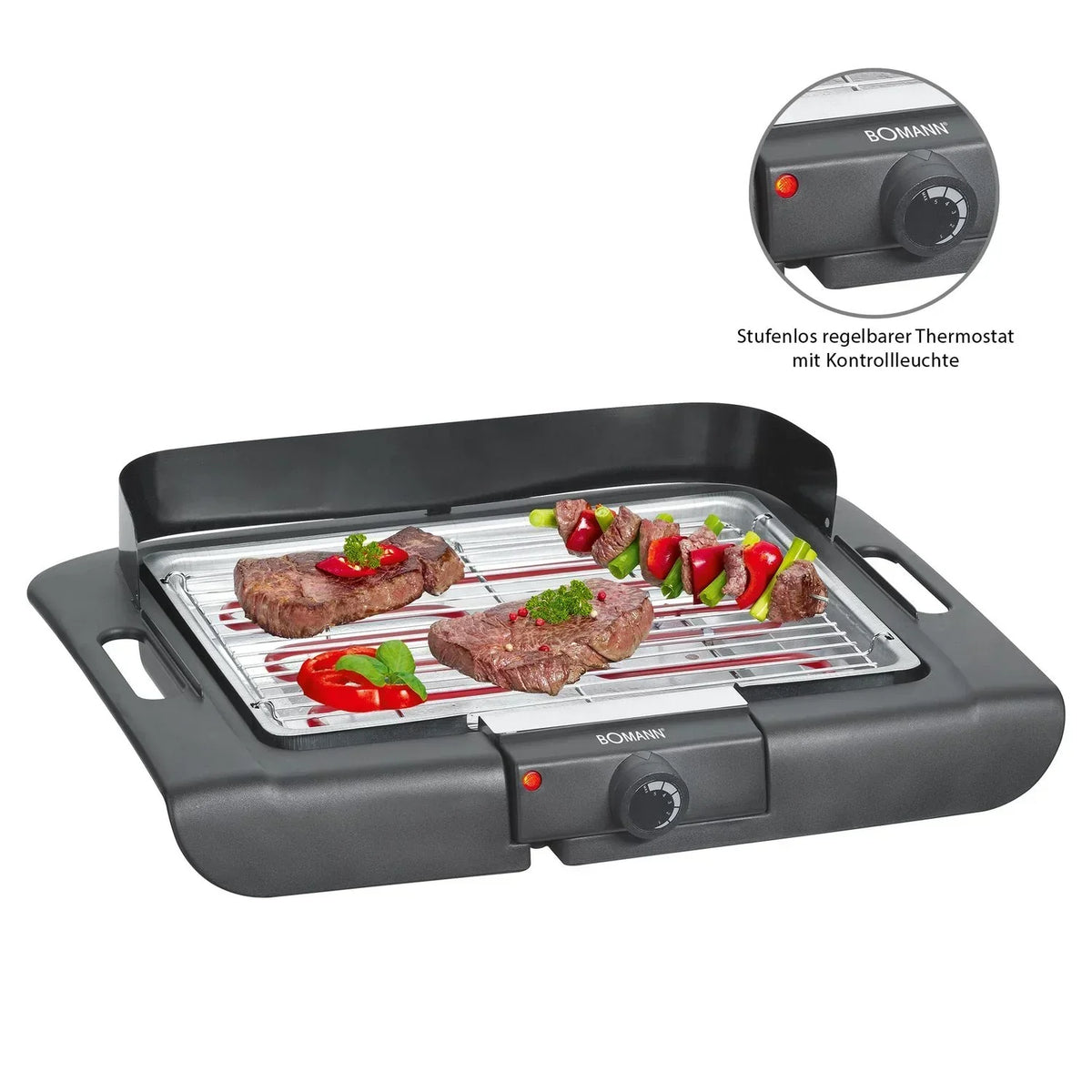 Grill Elektryczny Bomann Bq 2243 Cb, Chromowany Ruszt 36 X 25 Cm, Termostat, Przednia Osłona Przeciwwietrzna, Tacka Ociekowa, Czarny, 2000 W