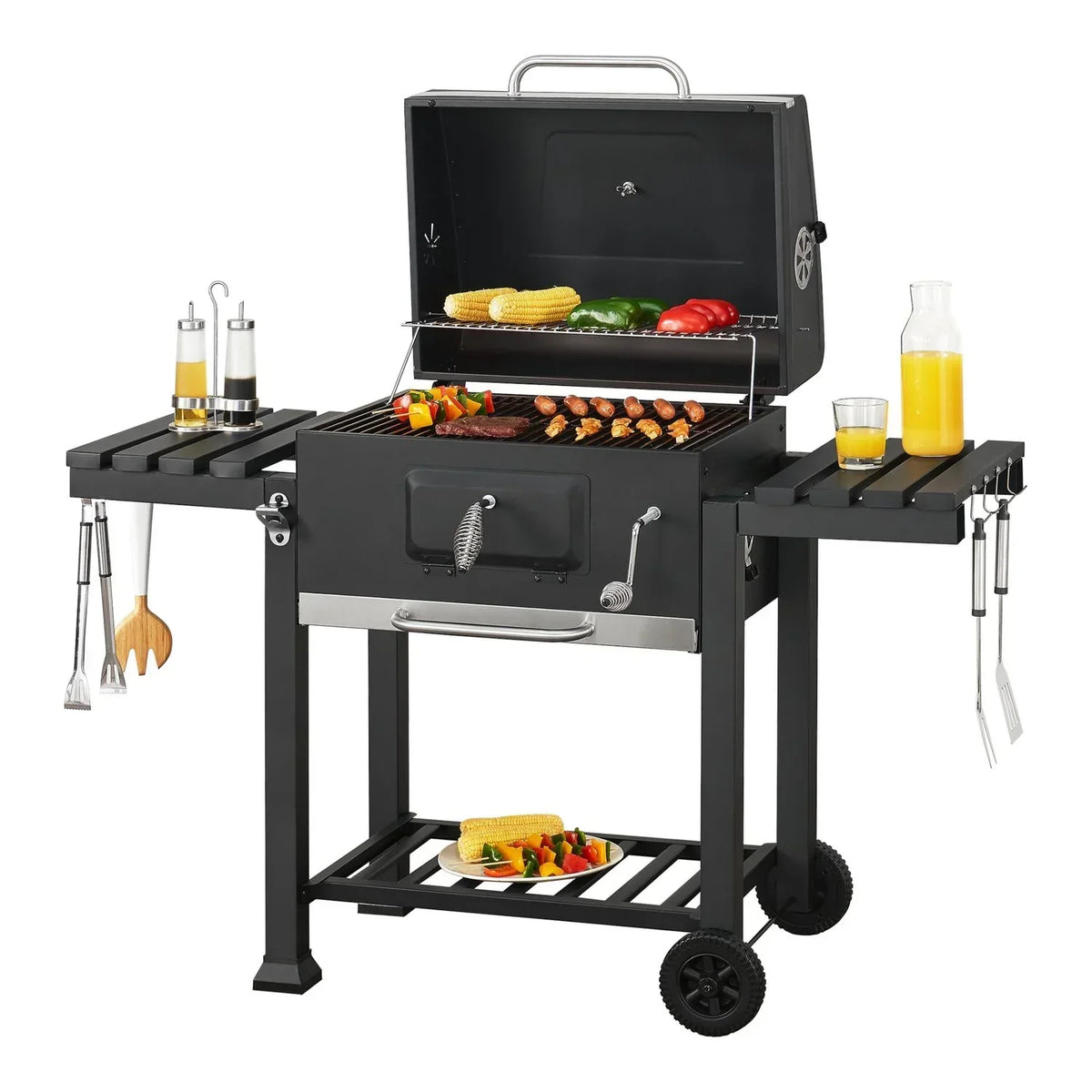 Grill węglowy Arnad z 2 półkami Stal 105x135x48cm - Czarny [casa.pro]