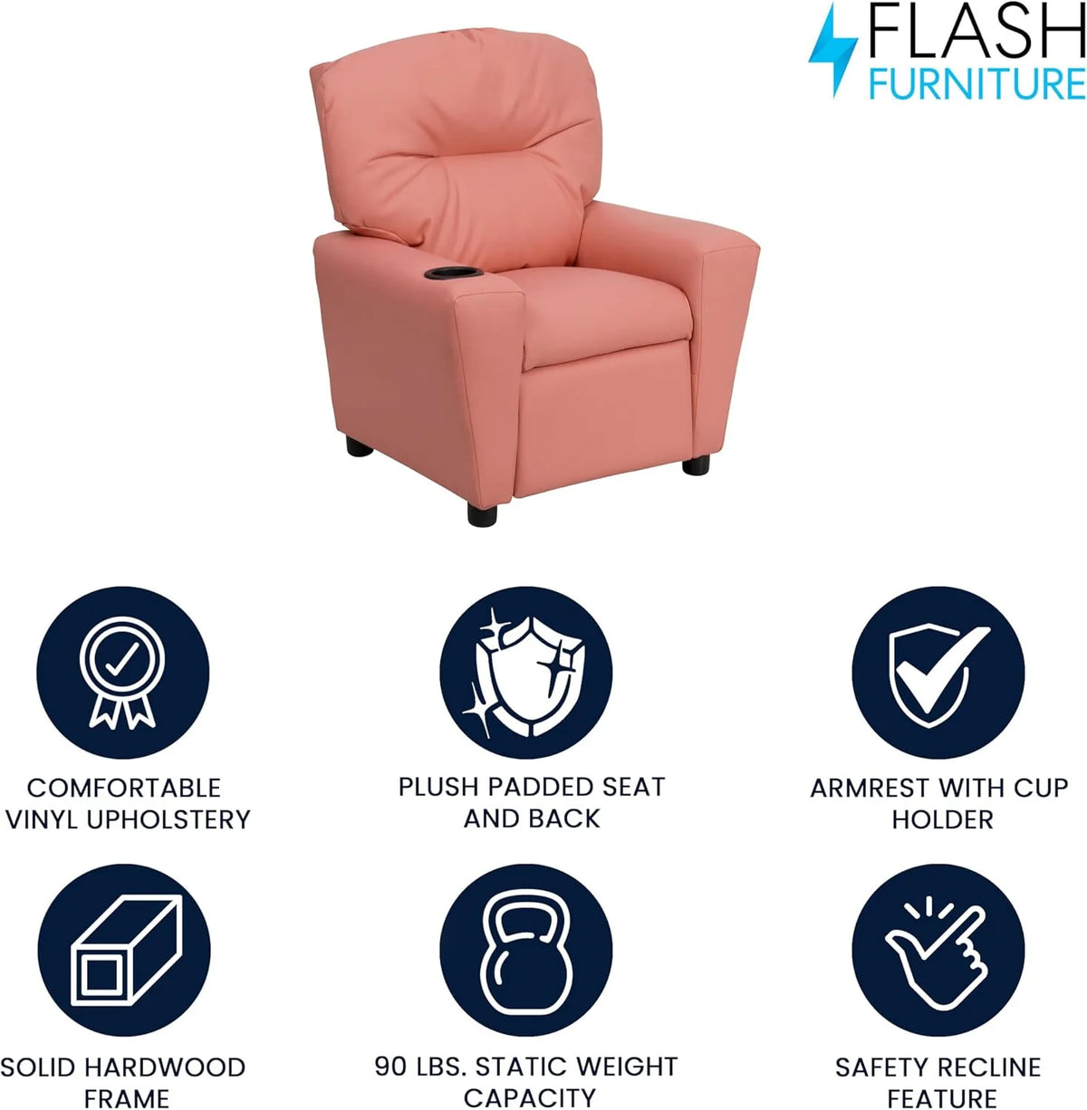 Flash Furniture Contemporary Kids Recliner with Cup Holder, Wood, Beige Vinyl, 26" x 21" x 21"