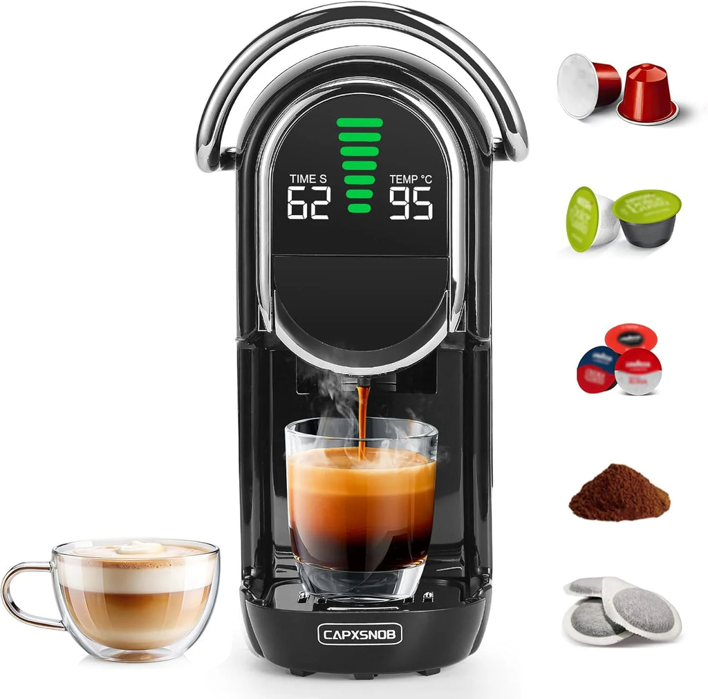 Magician1 Mini ekspres do kawy na wiele kapsułek 5 w 1, do Nespresso, Dolce Gusto, Lavazza A Modo Mio, saszetek ESE 44 mm i kawy mielonej, włoska pompa 20 barów, 1450W, wyświetlacz LED, do domu i biura