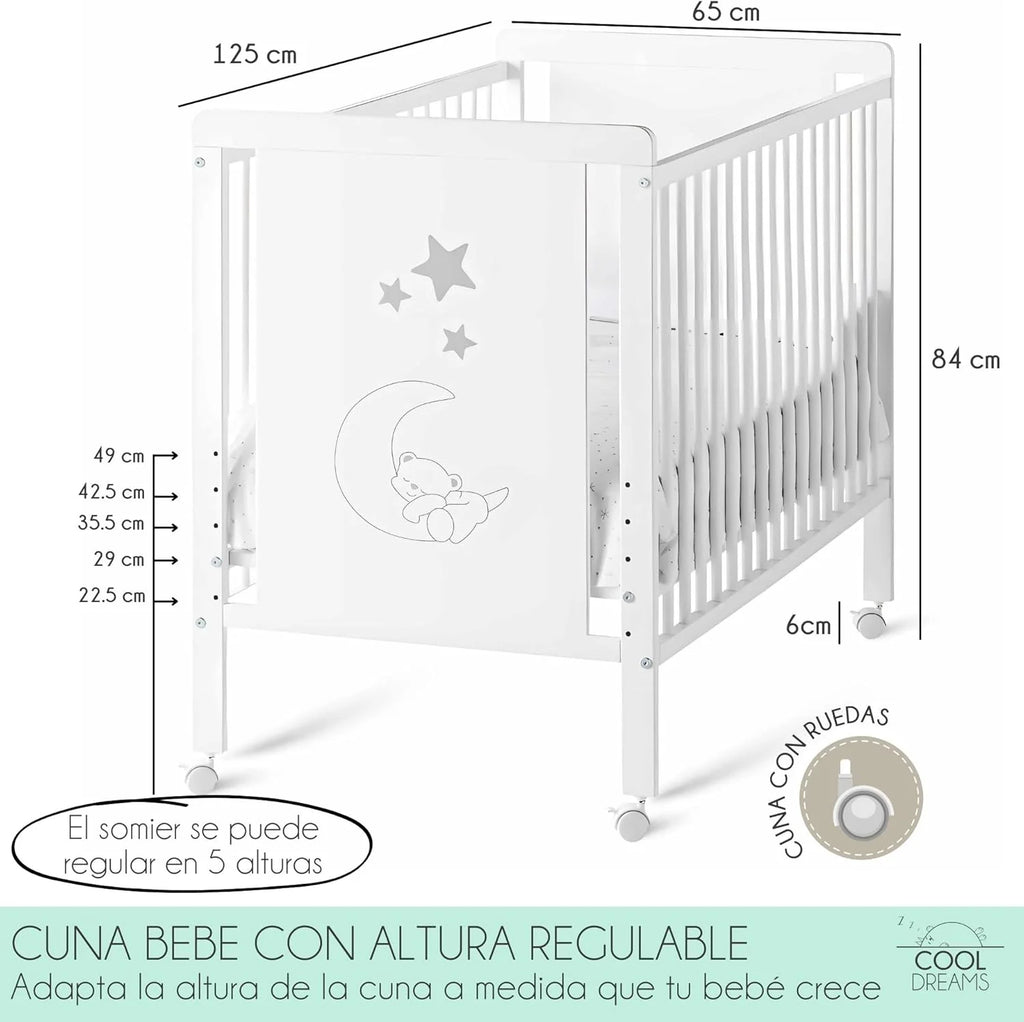 Cuna Colecho dla niemowląt, Zestaw do łączenia łóżeczka z łóżkiem, Materac HR Morfeo z certyfikatem Oeko-Tex® i CertiPUR, 4 kółka, Prześcieradło z gumką i poszwa na kołdrę z naturalnej bawełny. Indi CoolDreams CoolDreams