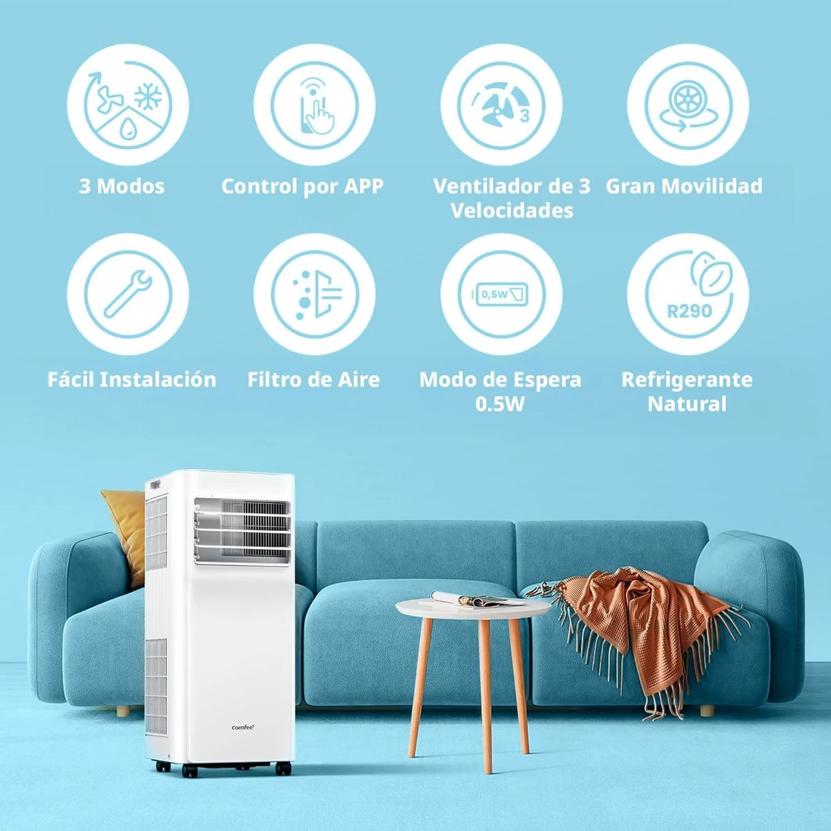 Klimatyzator przenośny COMFEE Pingüino 9000 BTU/2300 Frigorías Breezy Cool Pro – bez jednostki zewnętrznej, niskie zużycie energii, sterowanie przez aplikację i zestaw okienny – chłodzenie, wentylacja i osuszanie