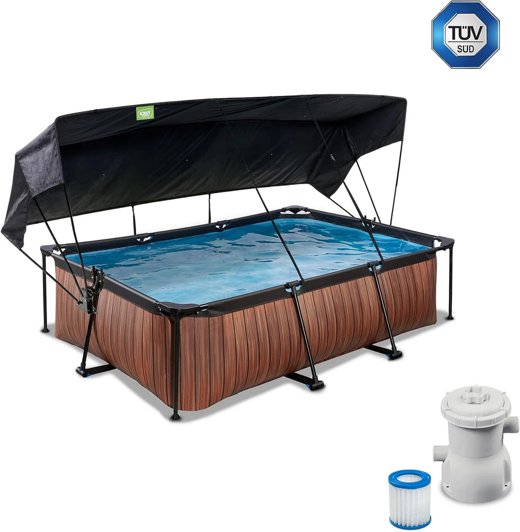 EXIT Toys Basen Drewniany z Daszkiem Przeciwsłonecznym - 220x150x65cm - Kompaktowy Basen Stelażowy Prostokątny z Pompą Kartuszową - Optymalna Ochrona UV - Łatwy Dostęp - Unikalny Design - Brązowy
