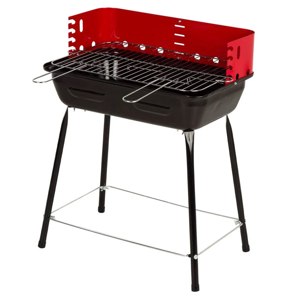 Grill Węglowy Przenośny Z Osłoną Przeciwwiatrową I Rusztem Z Regulacją Wysokości 42x42x54 Cm - Stal. Czarno-Czerwony