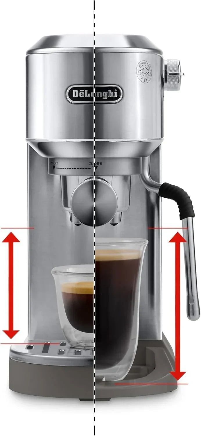 De'Longhi Dedica – Ekspres Kolbowy do Kawy Mielonej lub w Saszetkach, Espresso i Cappuccino, Zbiornik 1.3 Litra, System Anti-Drip, Model EC685.M, Kolor Metaliczny