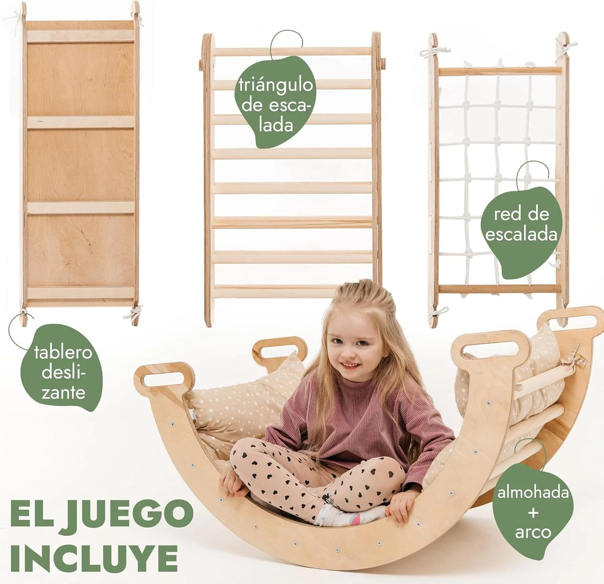 5 w 1 Zestaw Wspinaczkowy Montessori do Pomieszczeń dla Małych Dzieci - Drewniana Siłownia dla Dzieci Trójkątna Drabinka & Łuk & Rampy Wspinaczkowe & Siatka & Poduszka - Drewniana Siłownia dla Małych Dzieci