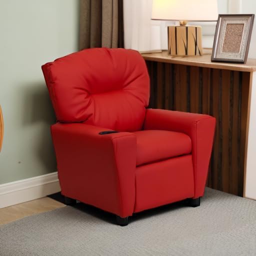 Flash Furniture Contemporary Kids Recliner with Cup Holder, Wood, Beige Vinyl, 26" x 21" x 21"