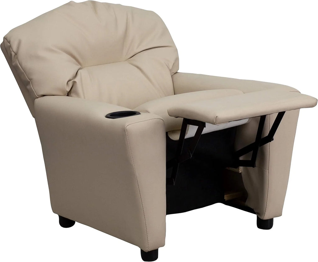 Flash Furniture Contemporary Kids Recliner with Cup Holder, Wood, Beige Vinyl, 26" x 21" x 21"