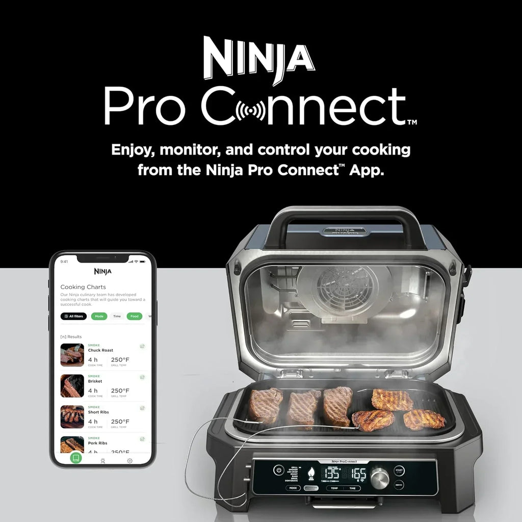 Ninja Woodfire Pro XL Grill i Wędzarnia Zewnętrzna, termometr, master grill 4 w 1, grill wędzarniczy, zewnętrzna frytownica powietrzna, piekarnik, przenośny, grill elektryczny, ciemnoszary, model OG850, 2026