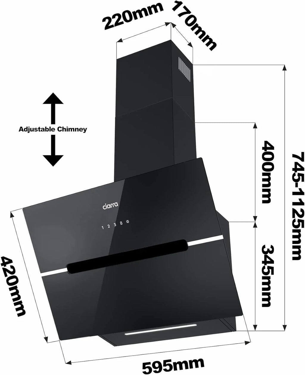 CIARRA CBCB6736F Okap kuchenny 60cm Klasa A+++ Wi-Fi App Touch-Booster Odprowadzanie zewnętrzne i Recyrkulacja wewnętrzna przez filtr węglowy CBCF003
