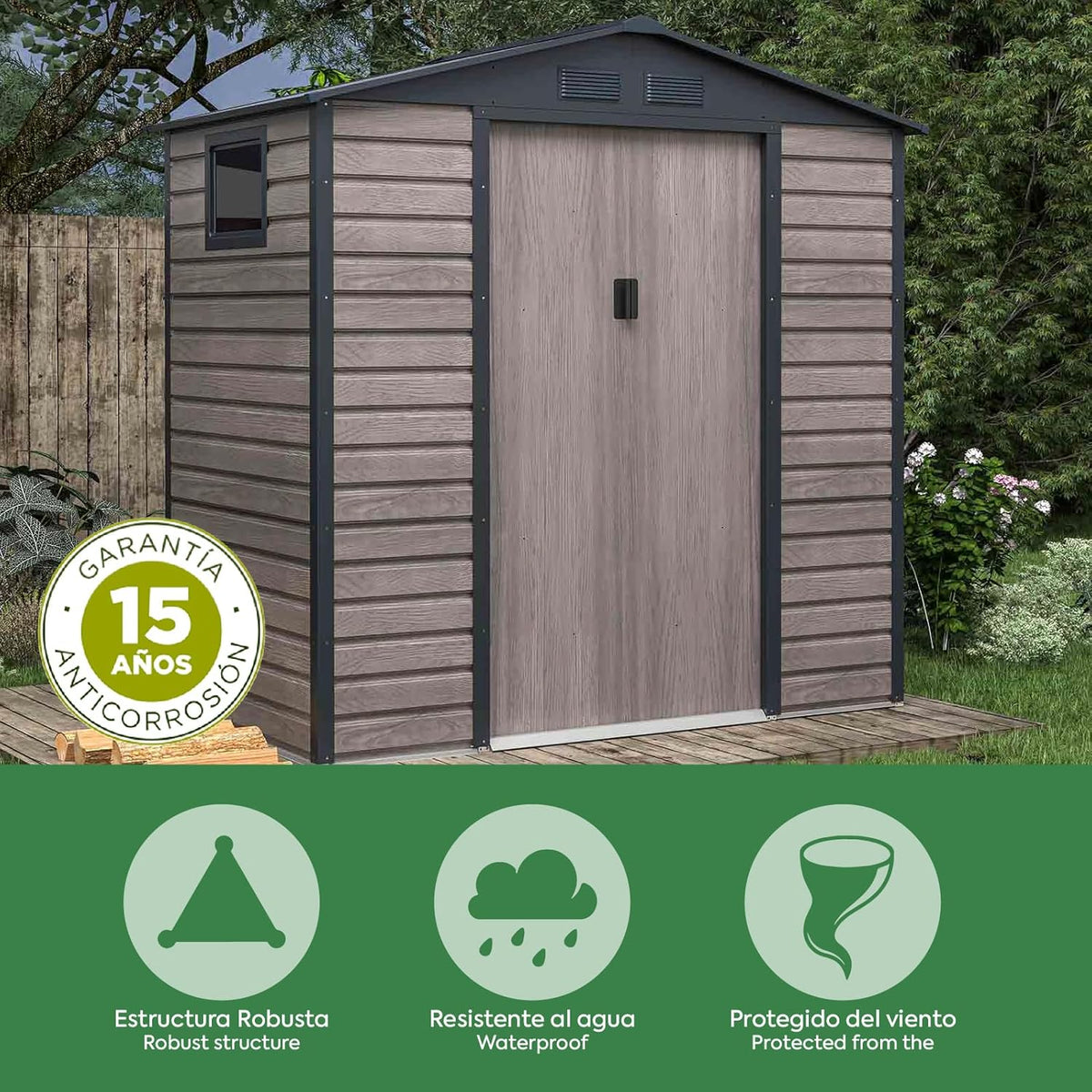 Garaż blaszany Gardiun Surrey 2,71 m2, wymiary zewnętrzne 213x127x211 cm, stalowy, z bocznym oknem i efektem drewna